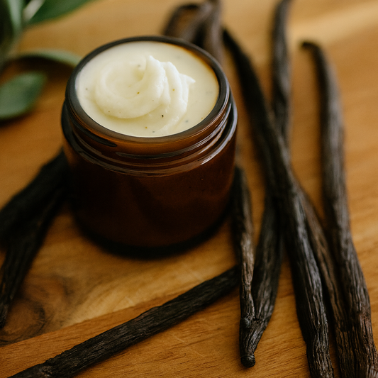 Jar of cream with vanilla beans on a wooden surface