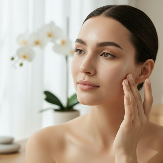 beautiful woman applying tilley naturals tallow to her face with flowers in background